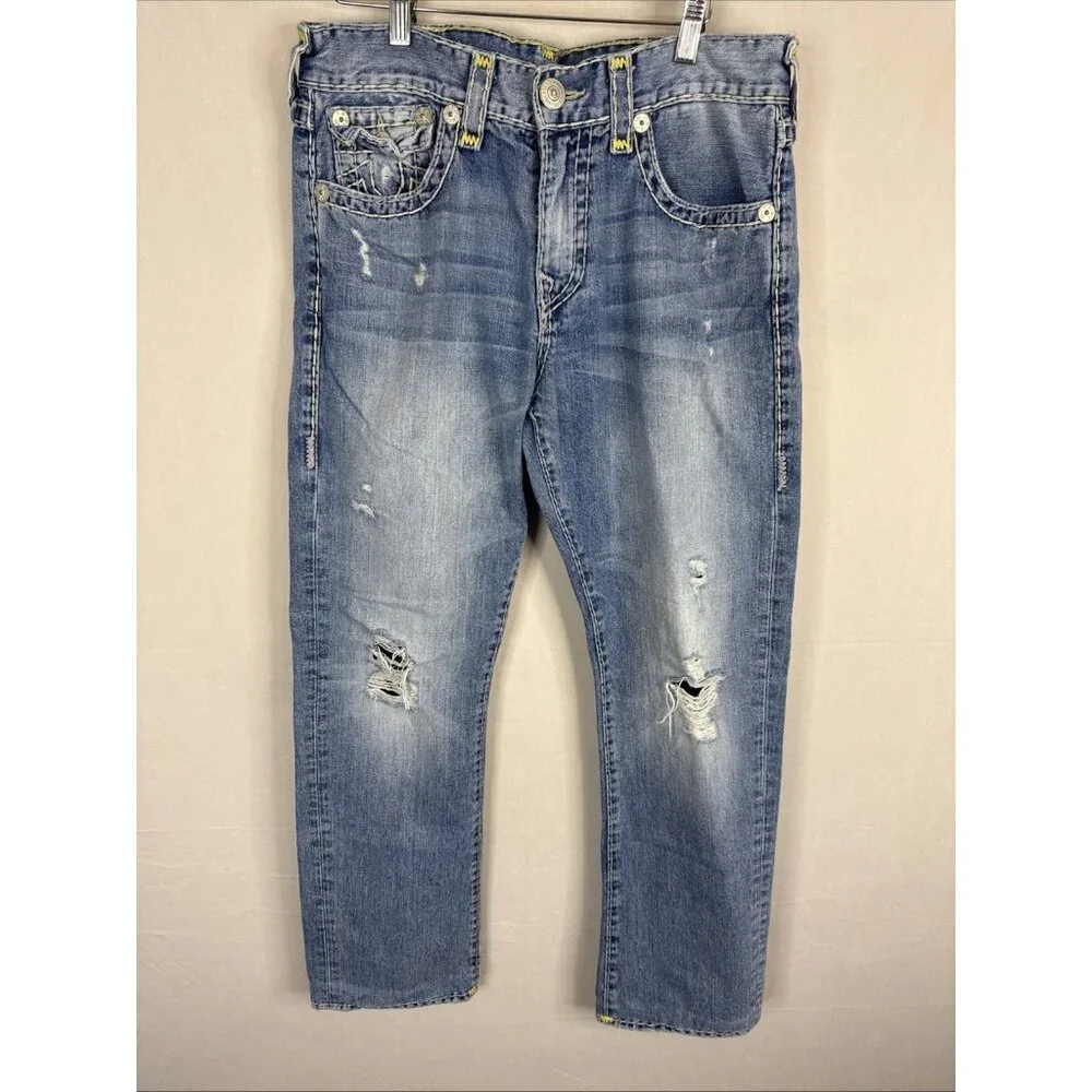 True Religion Ricky Jeans 33x31 Distressed Blue Denim Flap USA‎ Yellow Stitch